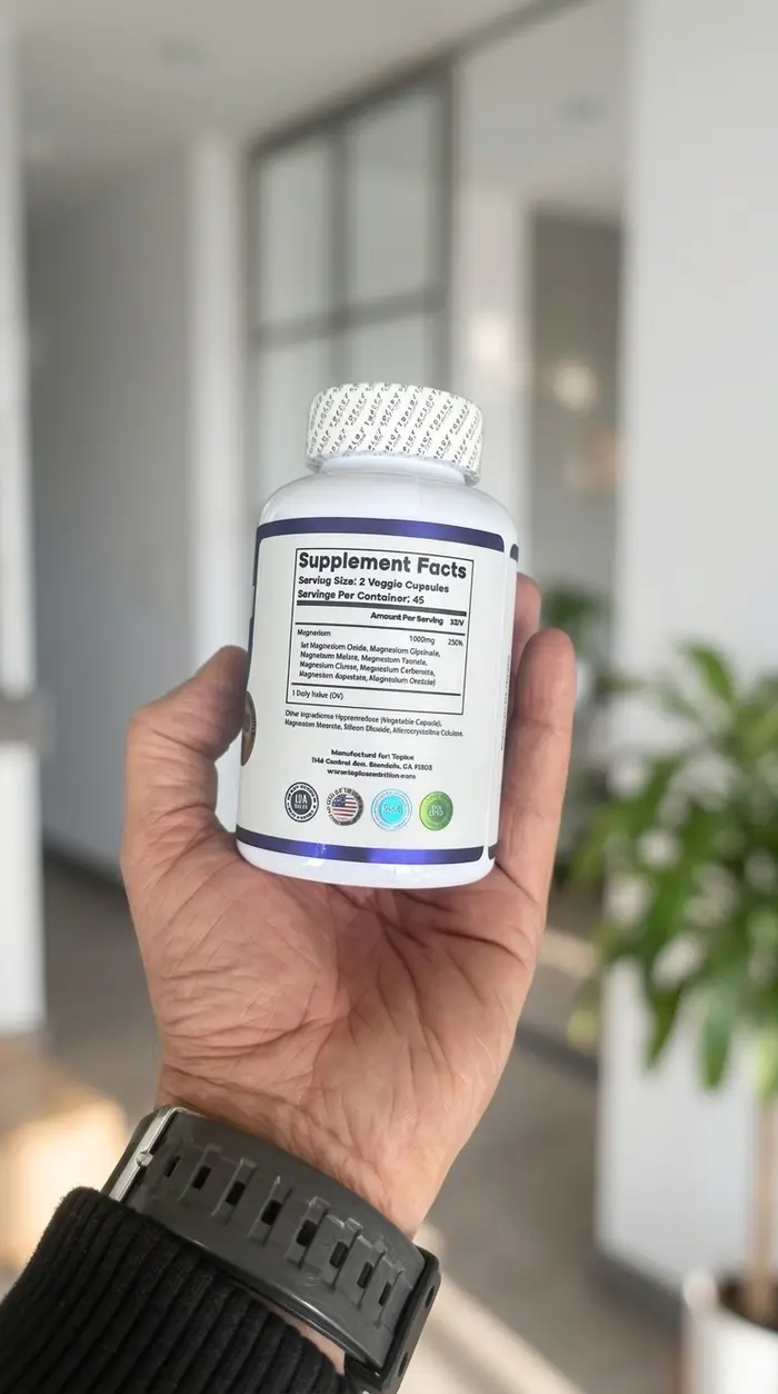 Foto real de la tabla Supplement Facts de Magnesium Complex con 8 formas de magnesio